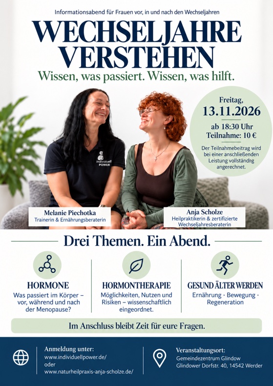 Plakat: Wechseljahre verstehen. Informationsabend mit Melanie Piechotka und Anja Scholze am 13. November 2026 um 18:30 Uhr im Gemeindezentrum Glindow